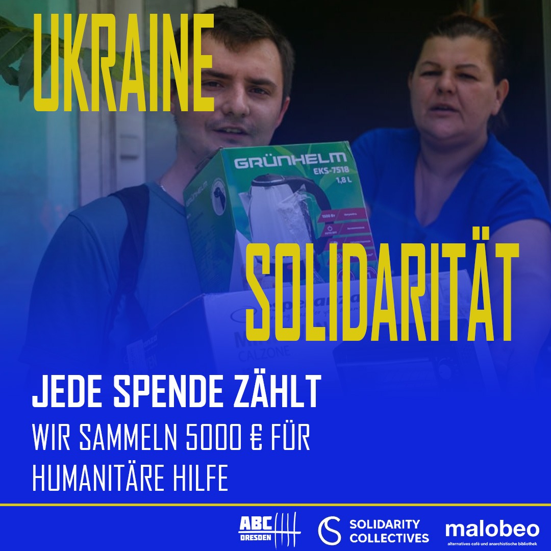 Background two people, one distributes one received donations in kind in Ukraine. Front is text Ukraine Solidarity - Jede Spende Zählt - Wir sammeln 500€ für Humanitäre Hilfe